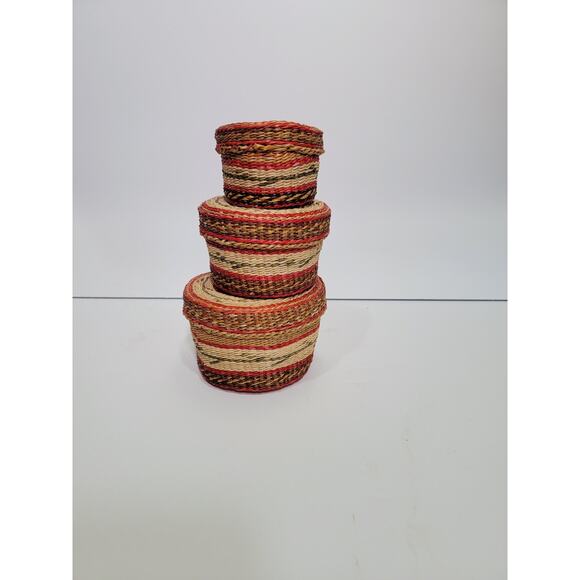 Vintage Set of 3 Chinese Sweetgrass Covered Nesting Baskets Rare - Picture 2 of 10